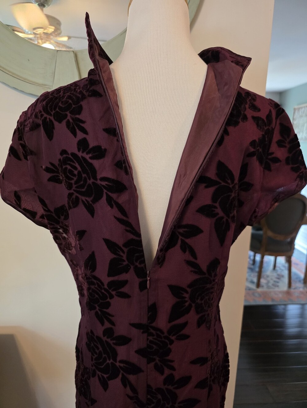 Robbie Bee Vintage Size 10 Velvet Burnout Asian Inspired Maxi Dress Burgundy - Picture 9 of 12